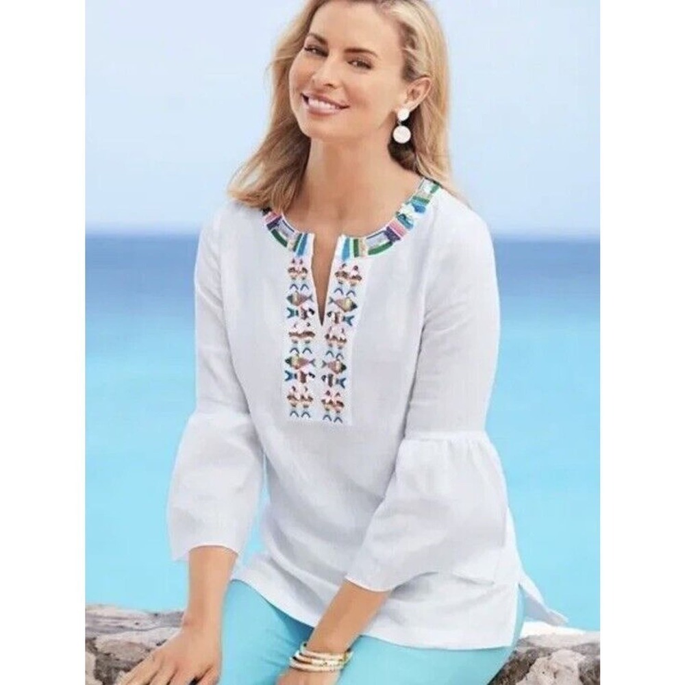 Talbots White Linen Womens V-Neck Tunic Style Top Fish Sequins Embroidery Size S